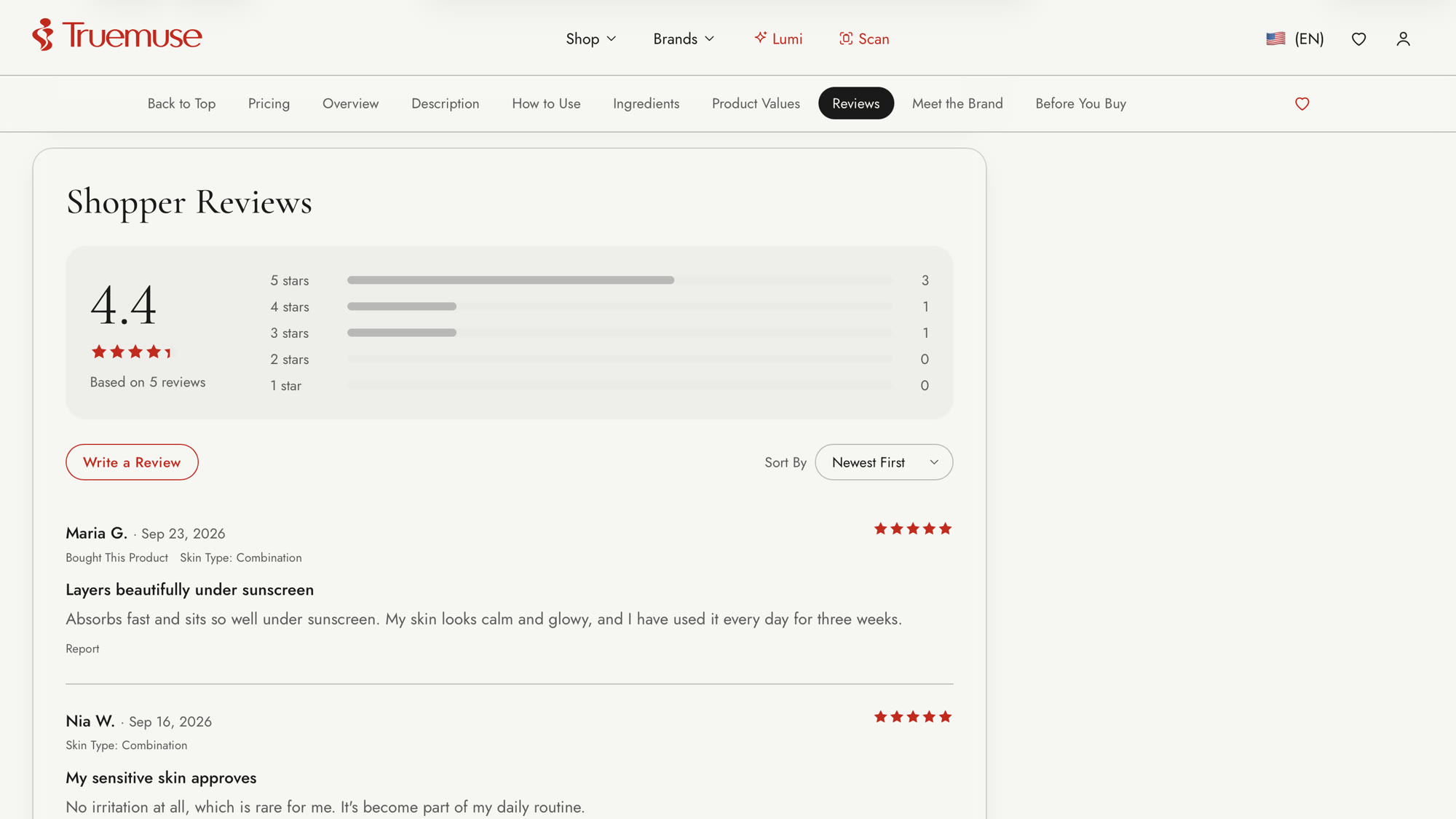 Shopper reviews in the Truemuse app